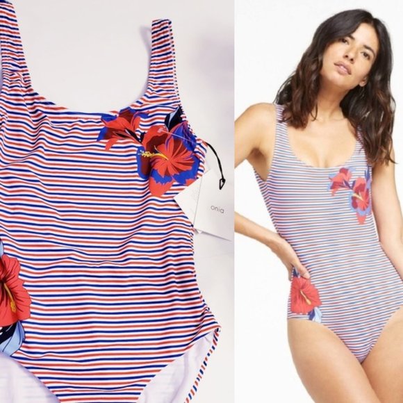 $195 NEW ANTROPOLOGIE x ONIA One Piece Red Blue S M Floral Striped Slim Fitted - Picture 10 of 11